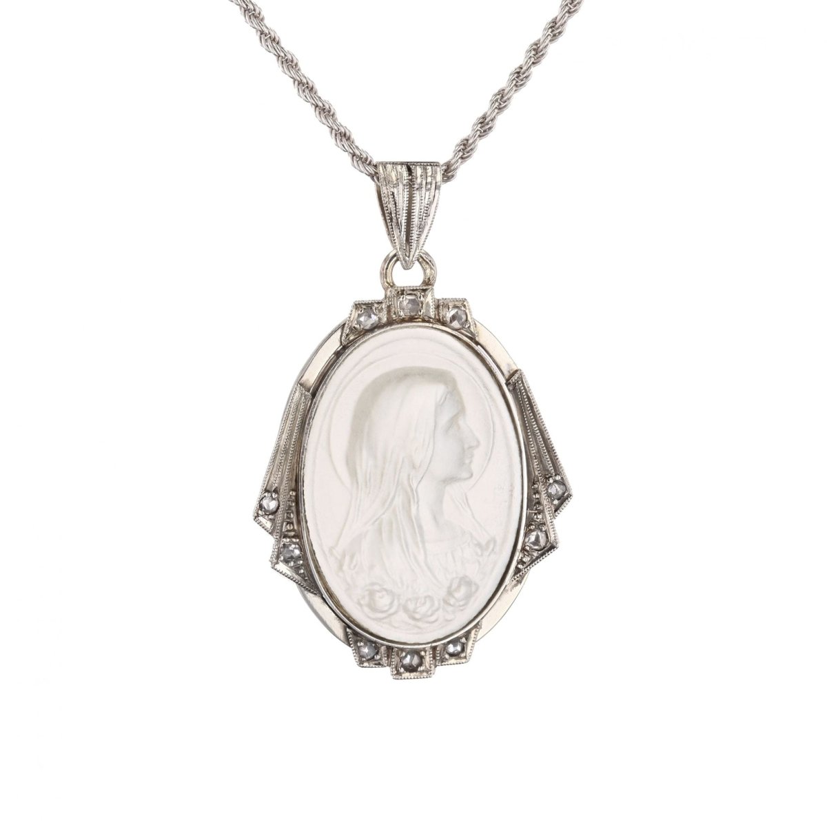 Pendentif art déco en or blanc et nacre et diamants - Castafiore