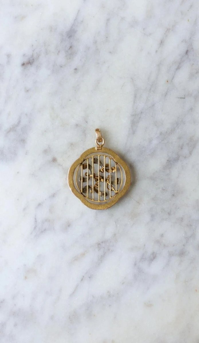 Pendentif Art Nouveau Gui Or jaune Perles et Diamants - Castafiore
