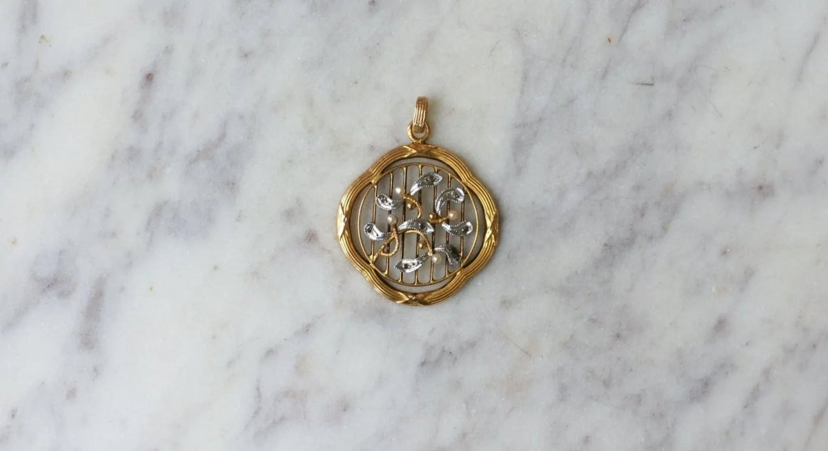 Pendentif Art Nouveau Gui Or jaune Perles et Diamants - Castafiore