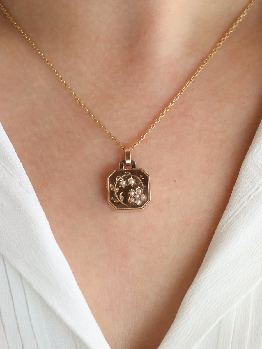 Pendentif Art Nouveau porte photo or rose perles fines - Castafiore