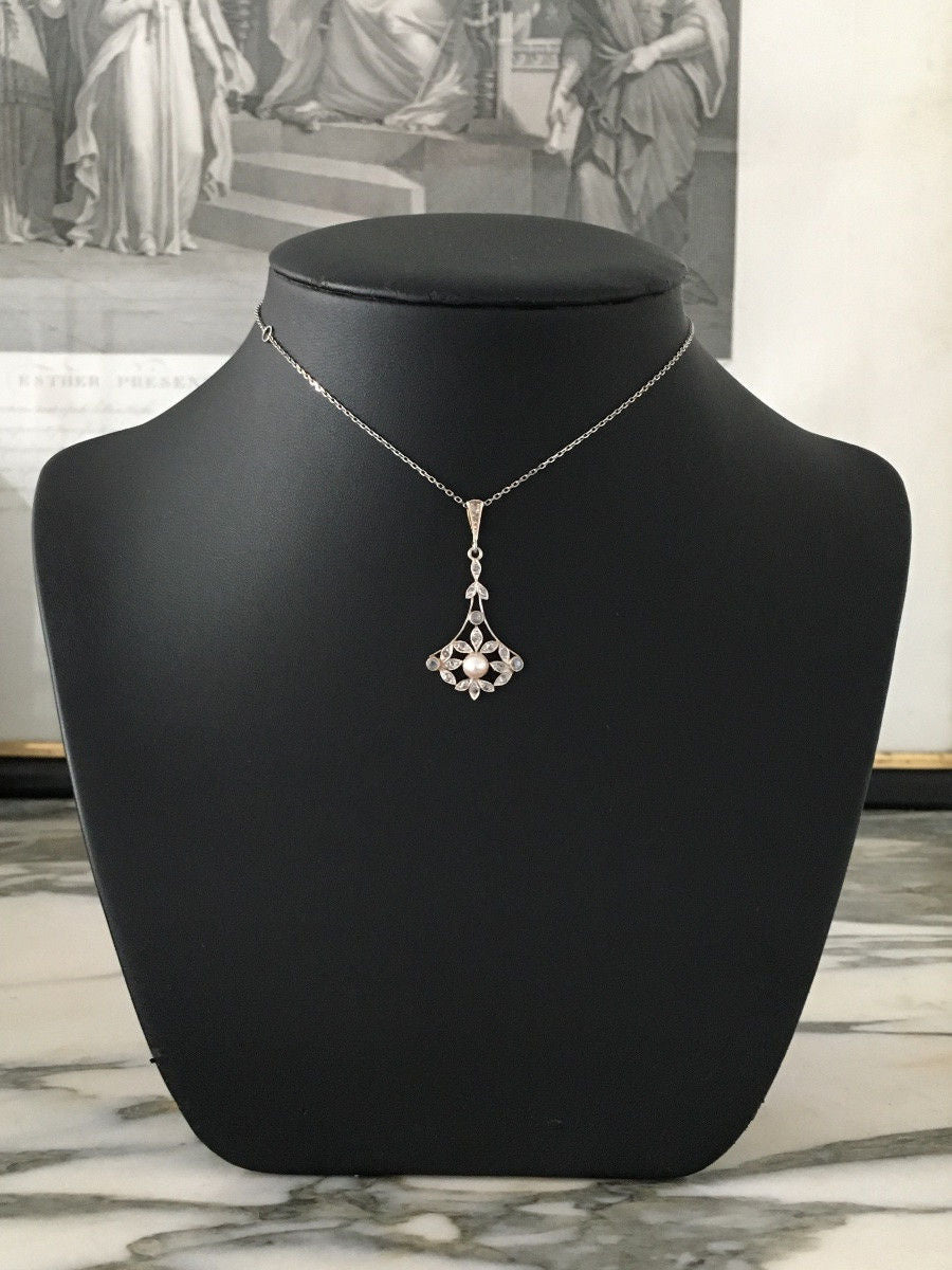 Pendentif Belle Époque en or 18K perle et diamants - Castafiore
