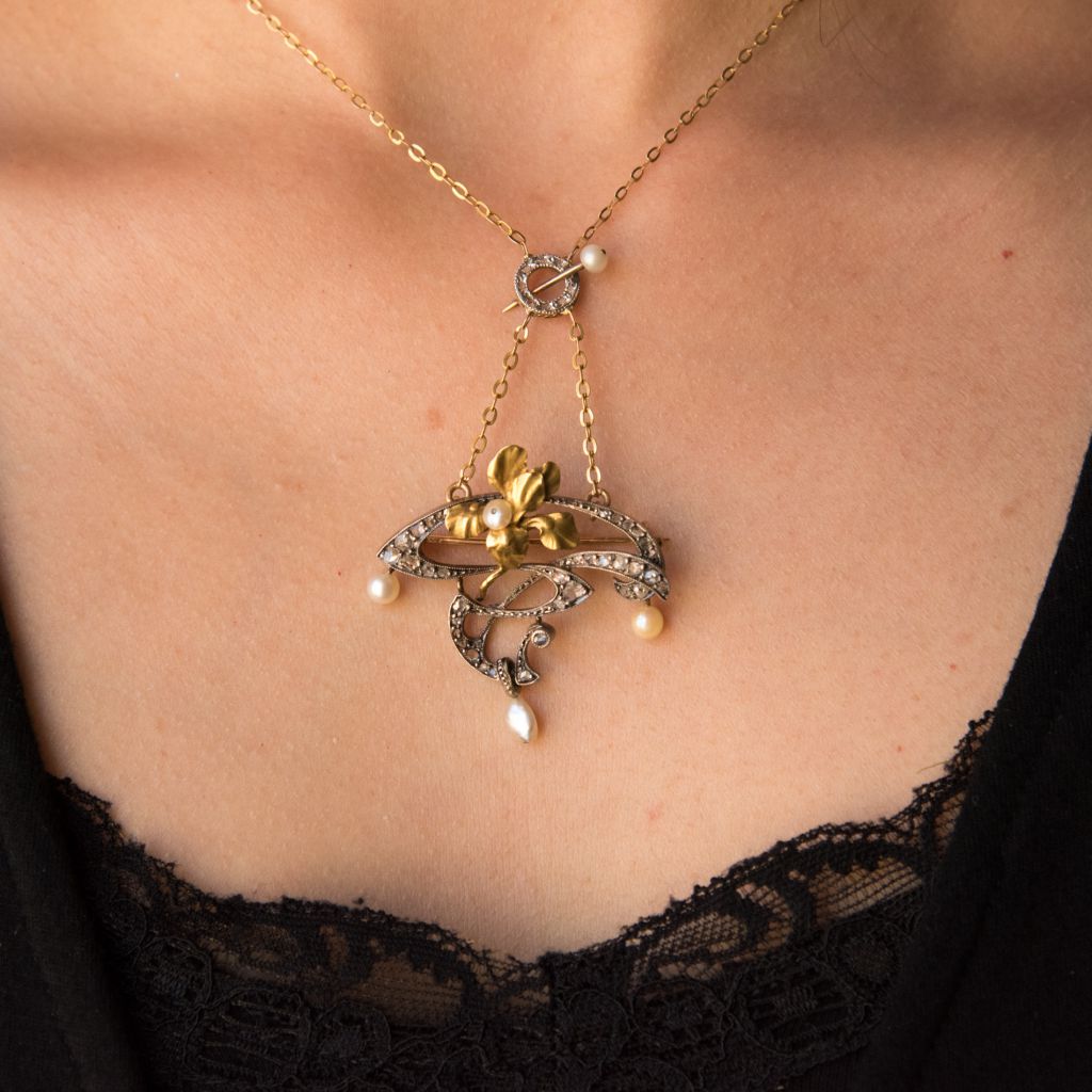 Pendentif - Broche Art nouveau Diamants et Perles - Castafiore