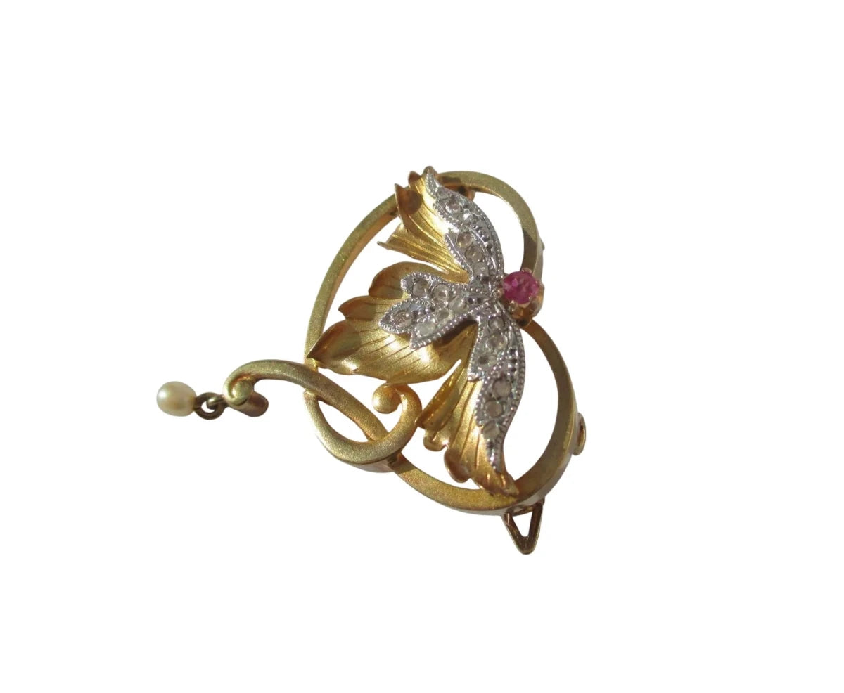Pendentif broche Art Nouveau Rubis Diamants Perle fine Or rose 18 carats et Platine - Castafiore