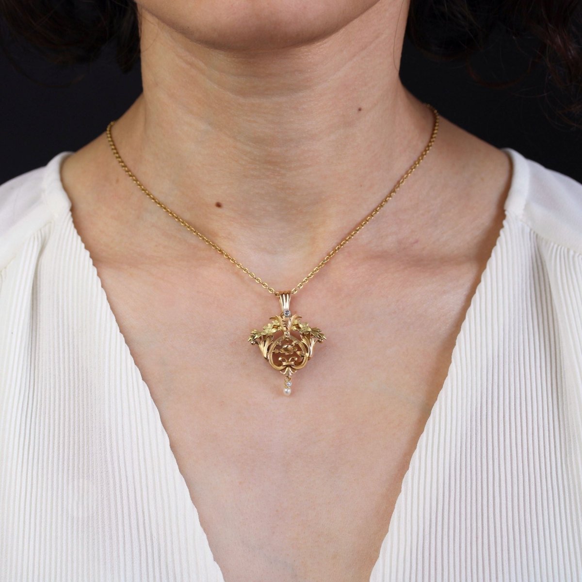 Pendentif coulant diamant perle fine or rose - Castafiore