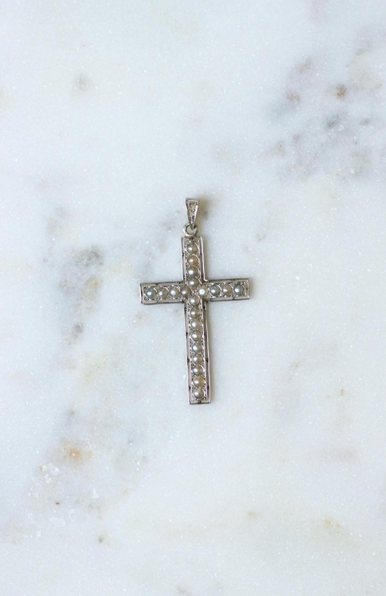 Pendentif Croix Art Déco Perles et Diamants - Castafiore