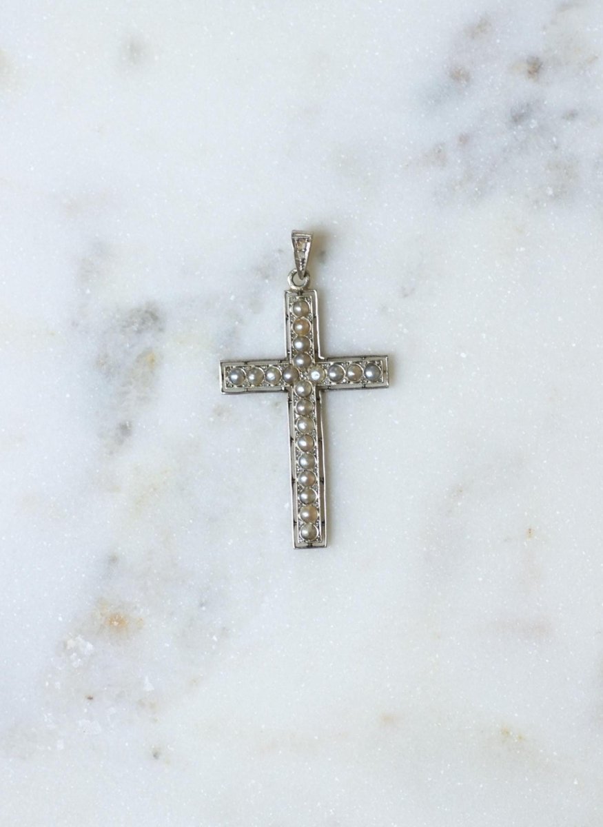 Pendentif Croix Art Déco Perles et Diamants - Castafiore