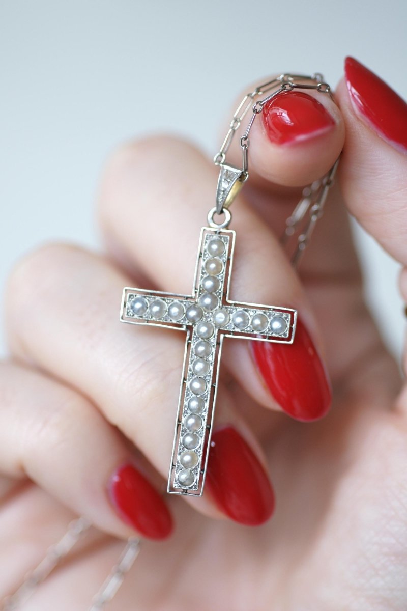 Pendentif Croix Art Déco Perles et Diamants - Castafiore
