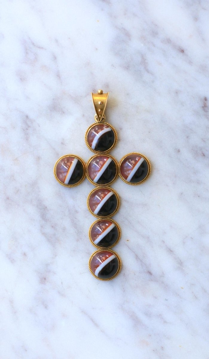 Pendentif Croix Cabochon d'Agate sur Or jaune - Castafiore