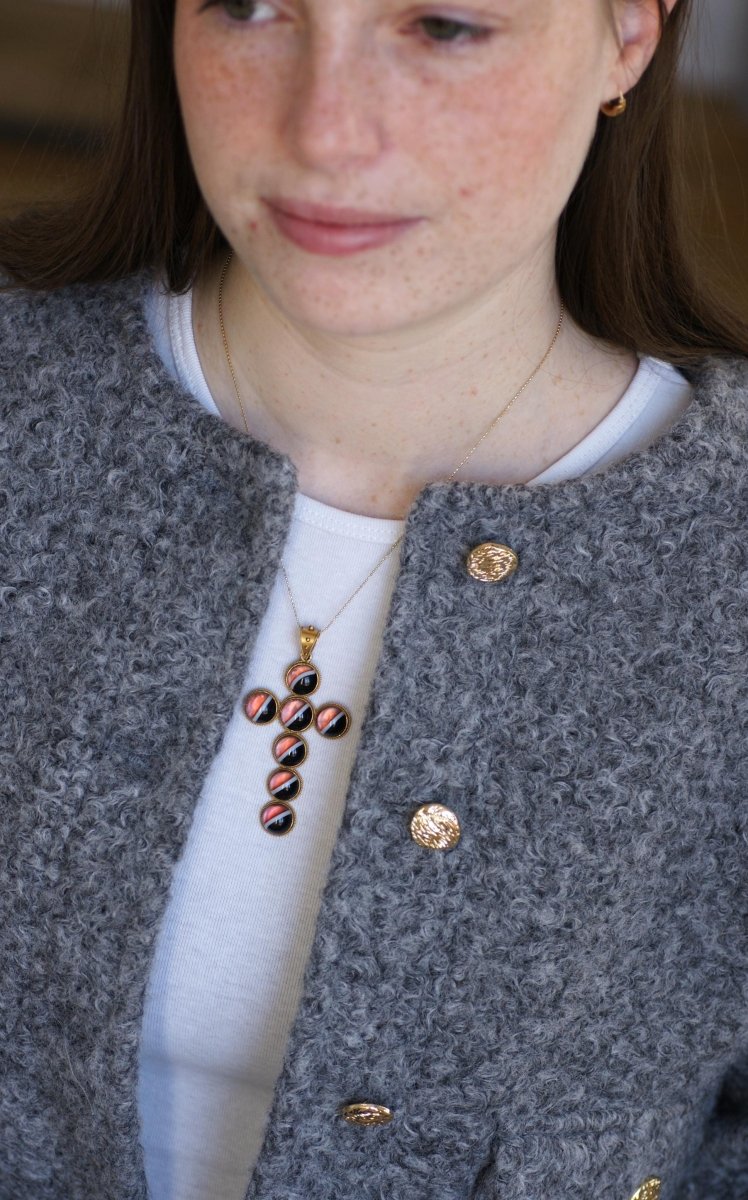 Pendentif Croix Cabochon d'Agate sur Or jaune - Castafiore