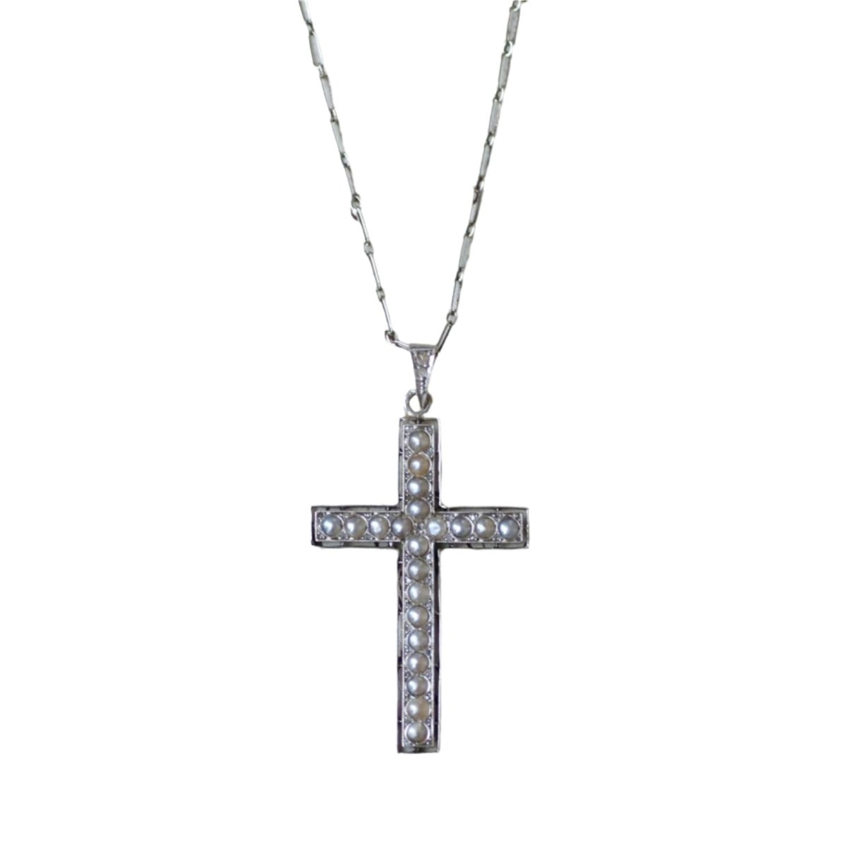 Pendentif Croix en or blanc, platine, perles et diamants - Castafiore