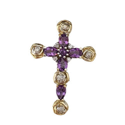 Pendentif Croix en or jaune, or blanc, améthystes, et diamants - Castafiore