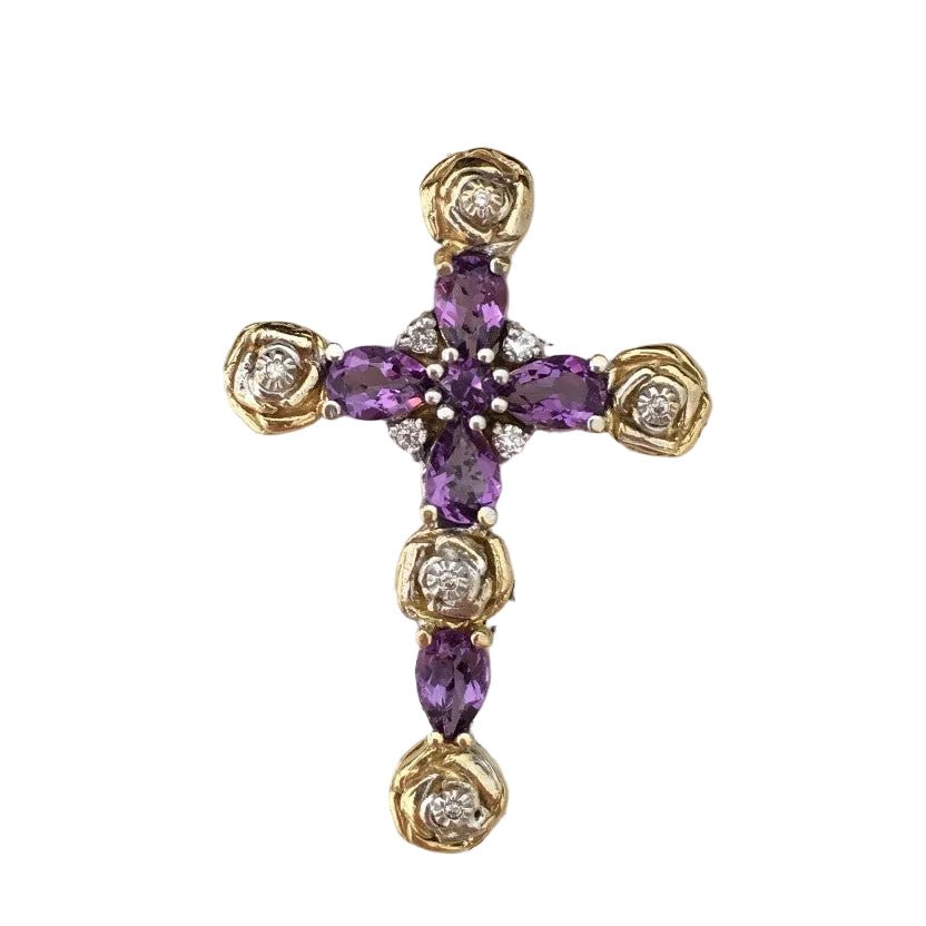 Pendentif Croix en or jaune, or blanc, améthystes, et diamants - Castafiore