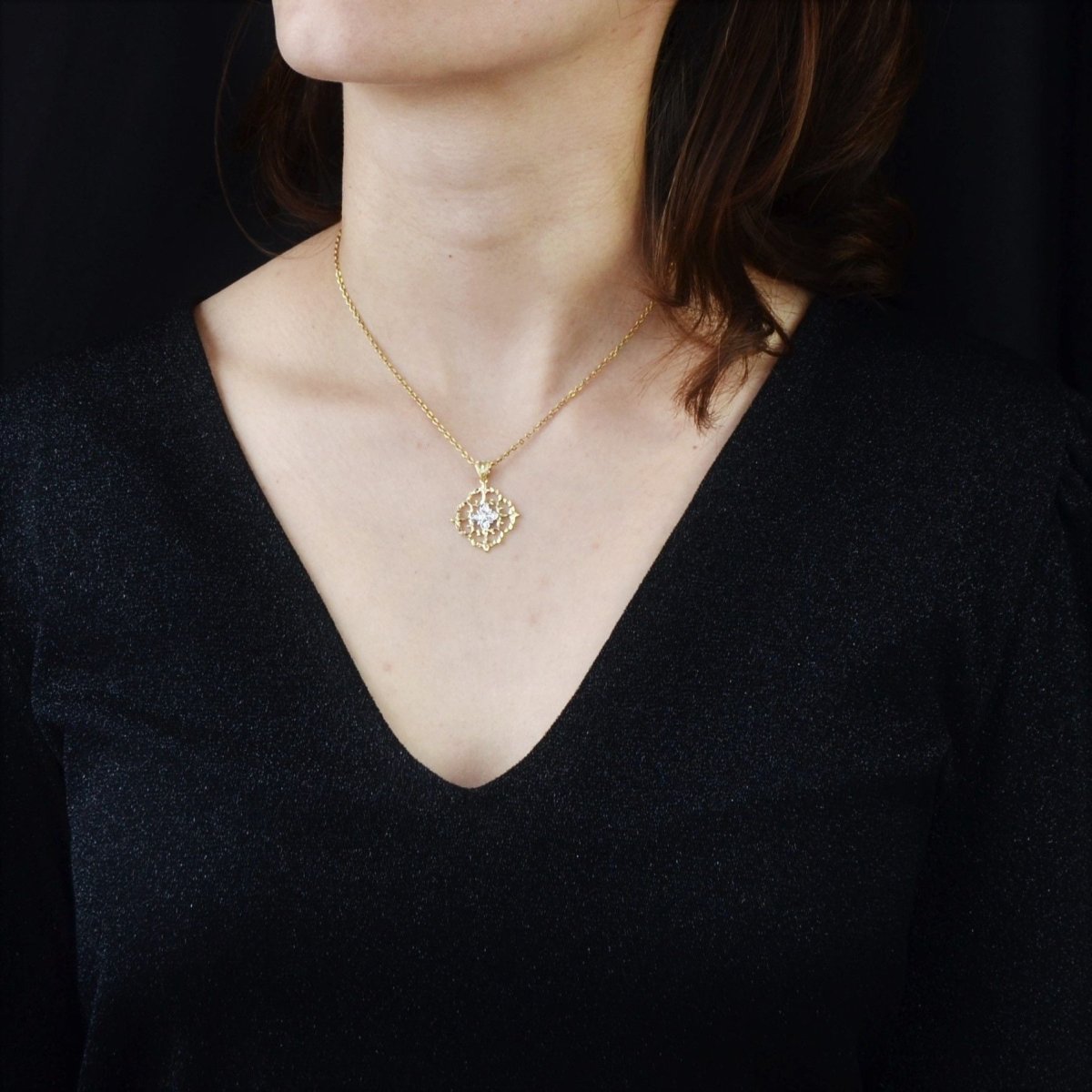 Pendentif diamants ors jaune et blanc arabesques - Castafiore