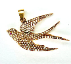 Pendentif en or 18 carats : hirondelle en perles fines et rubis - Castafiore