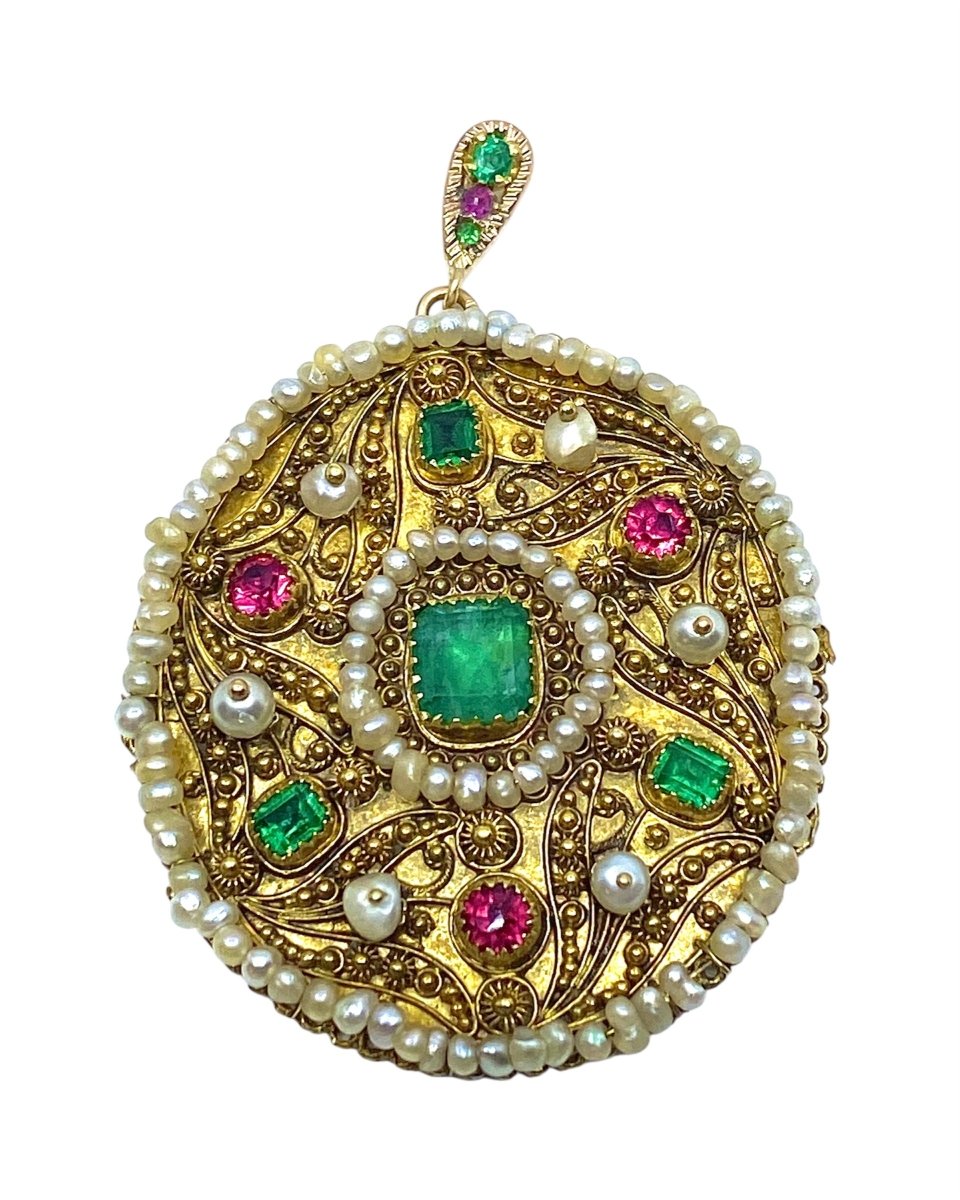 Pendentif en or jaune 18 carats, émeraude et perles - Castafiore