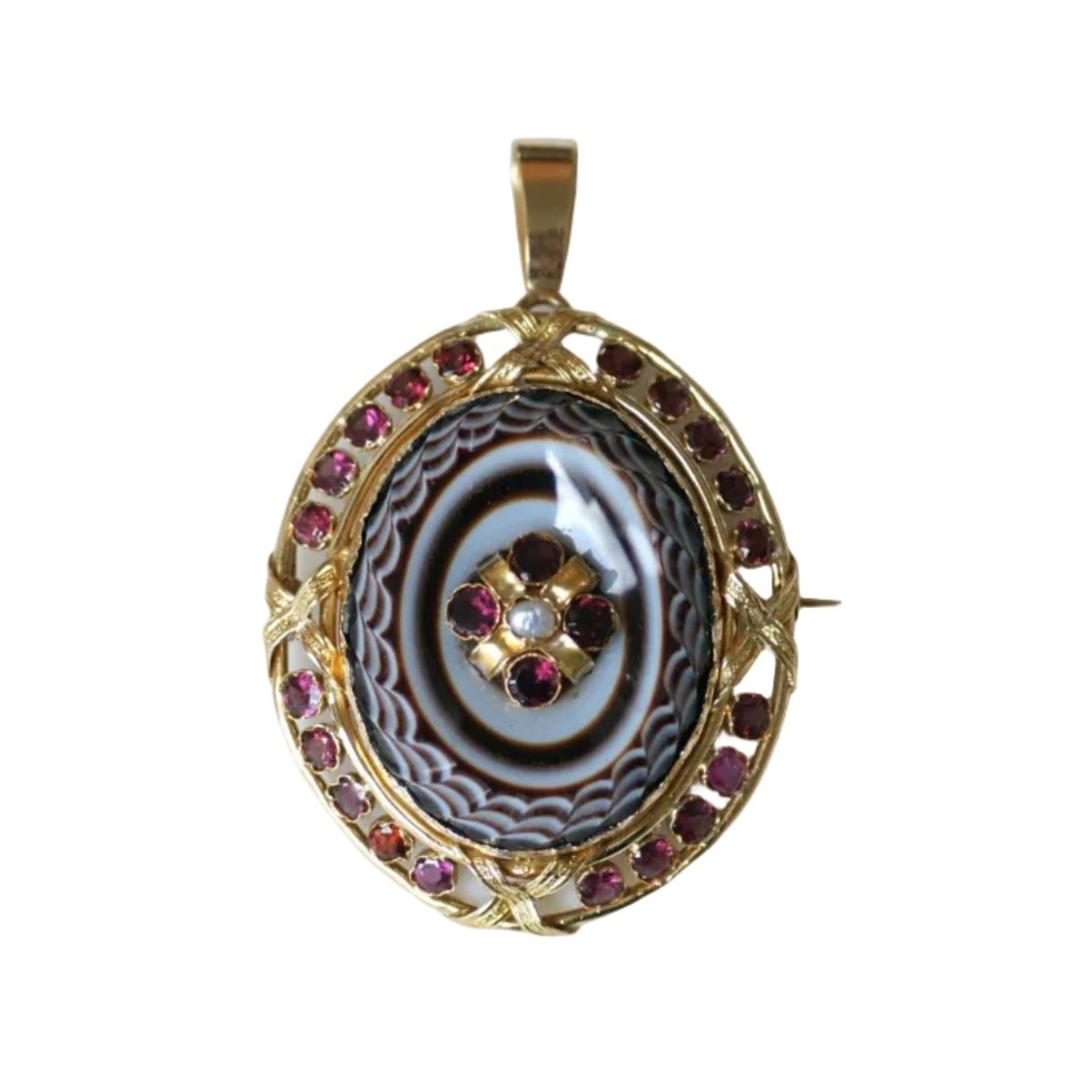 Pendentif en or jaune, agate, grenats et perle - Castafiore