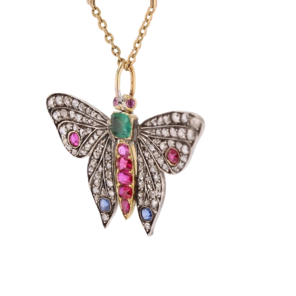 Pendentif en or jaune, argent, émeraude, rubis, saphirs et diamants - Castafiore