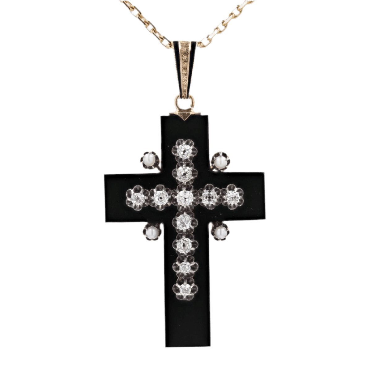 Pendentif en or jaune, argent, onyx, perles et diamants - Castafiore