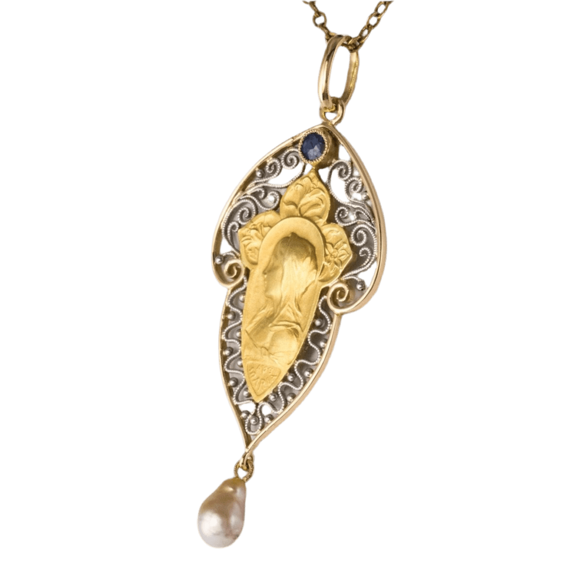 Pendentif en or jaune, or blanc, saphir et perle - Castafiore