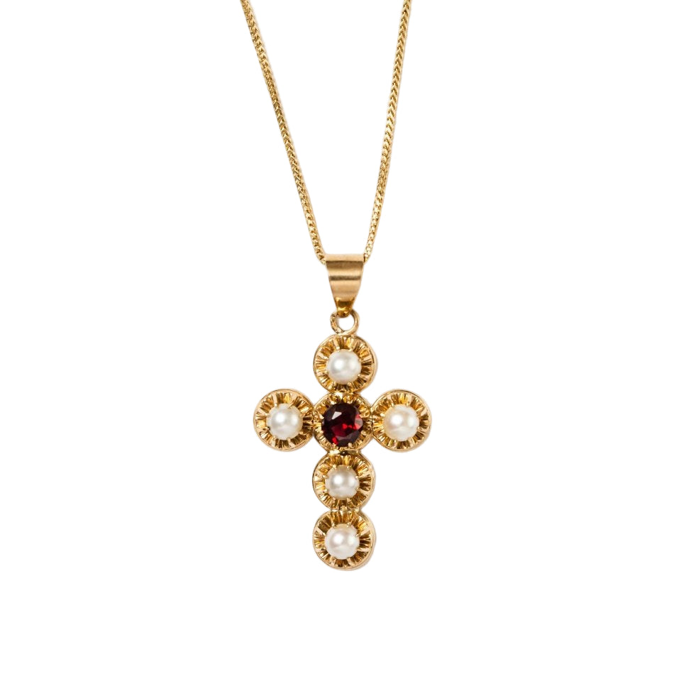 Pendentif et chaîne croix en or jaune, perle et grenat - Castafiore