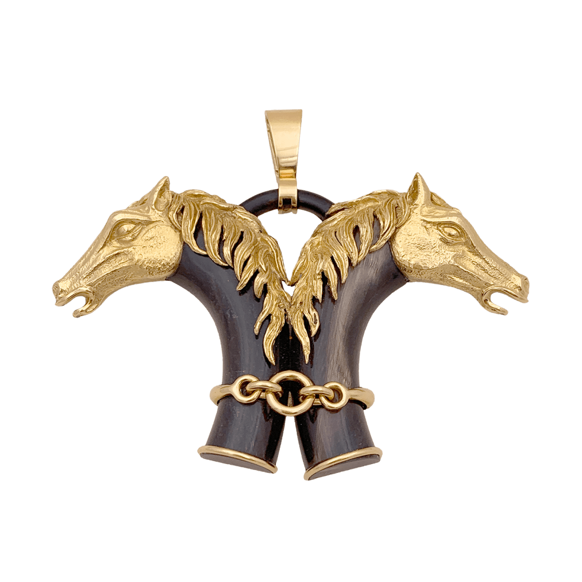 Pendentif FRED double tête de cheval en or jaune et corne. - Castafiore