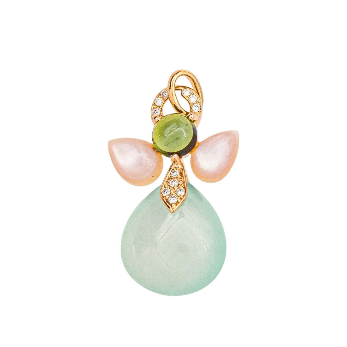 Pendentif ISABELLE LANGLOIS "Mon Ange" en or rose, calcite, nacre, tourmaline et diamants - Castafiore