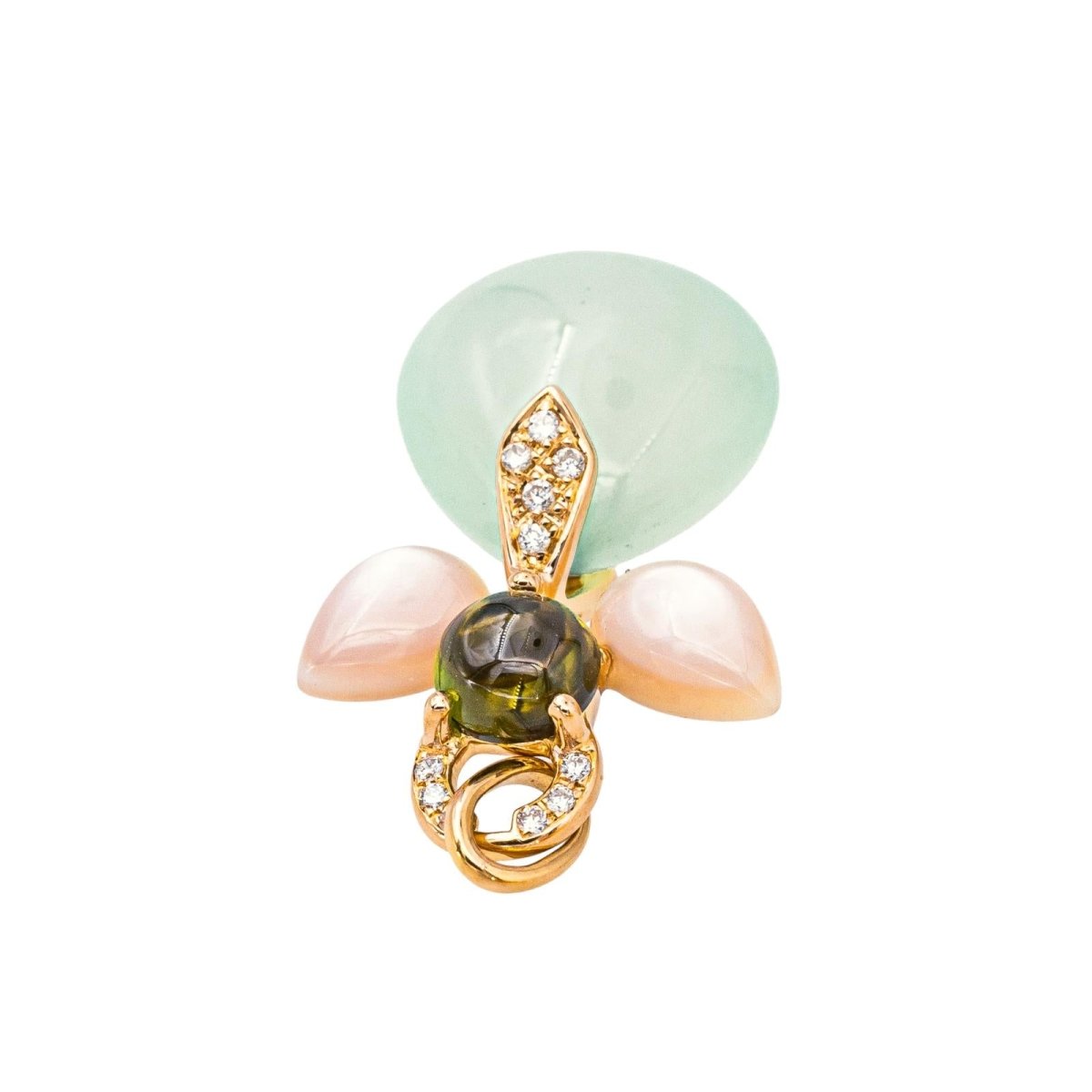 Pendentif ISABELLE LANGLOIS "Mon Ange" en or rose, calcite, nacre, tourmaline et diamants - Castafiore