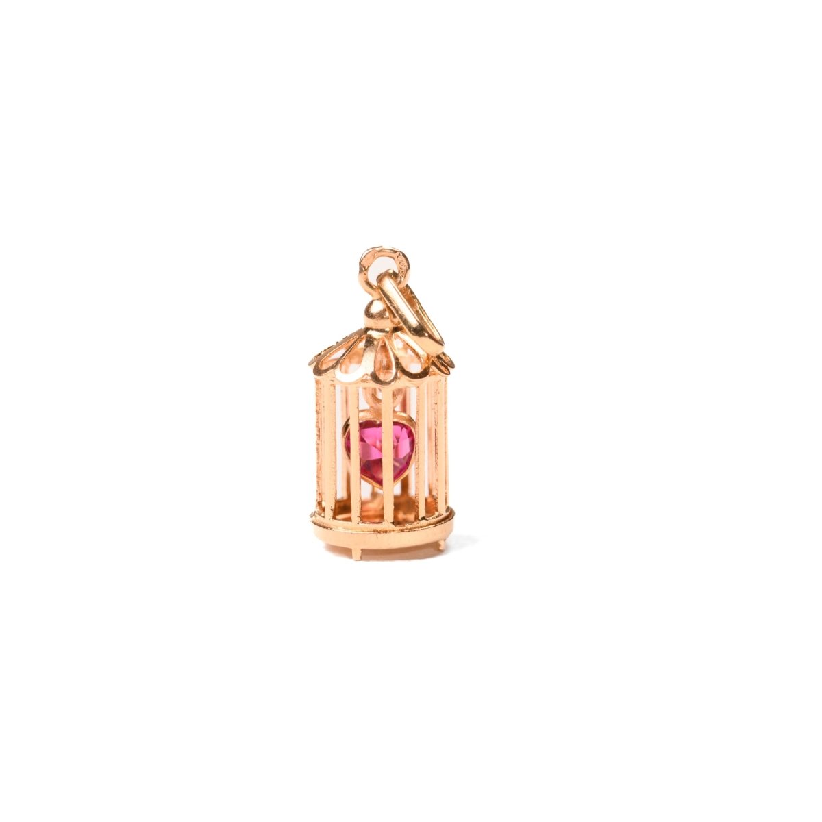 Pendentif L'AMOUR EN CAGE vintage en or rose et rubis synthétique - Castafiore