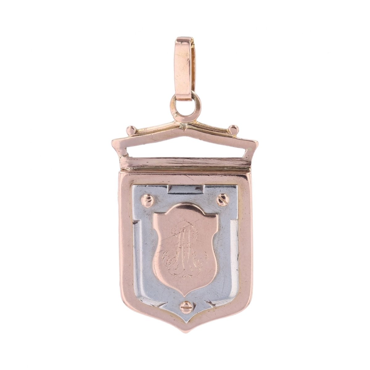 Pendentif médaillon ancien écusson en or rose et or blanc - Castafiore