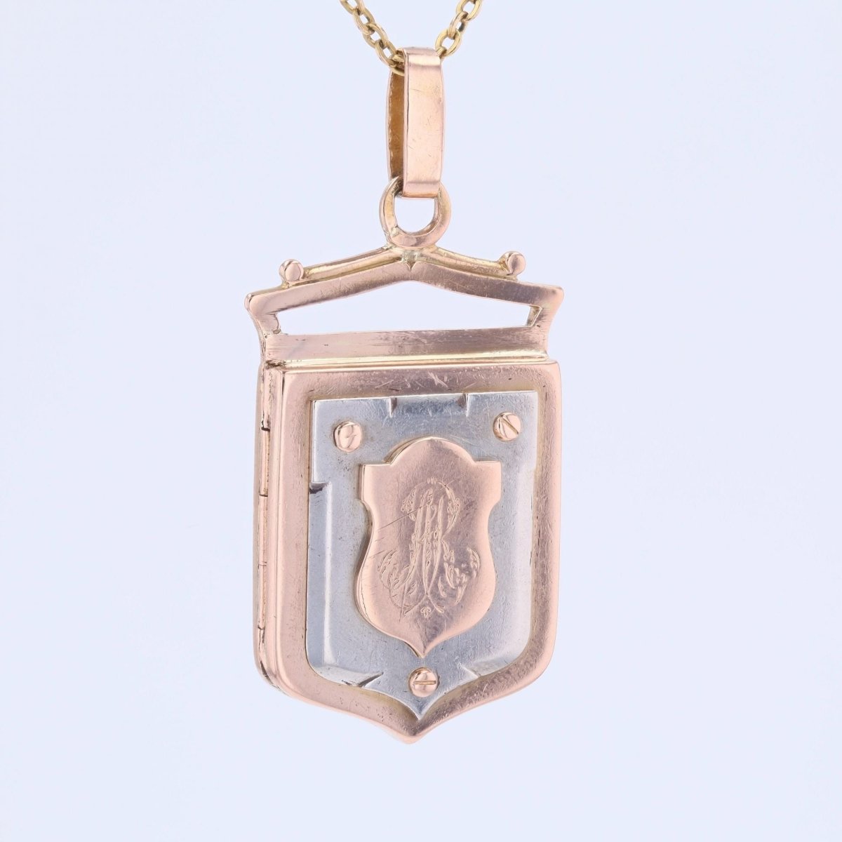 Pendentif médaillon ancien écusson en or rose et or blanc - Castafiore