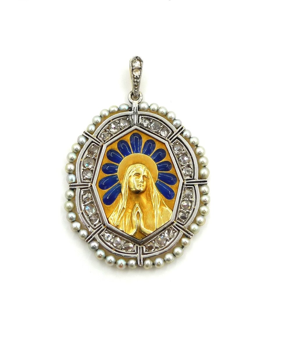 Pendentif MEDAL en or, platine, diamants, émeraudes et perles - Castafiore