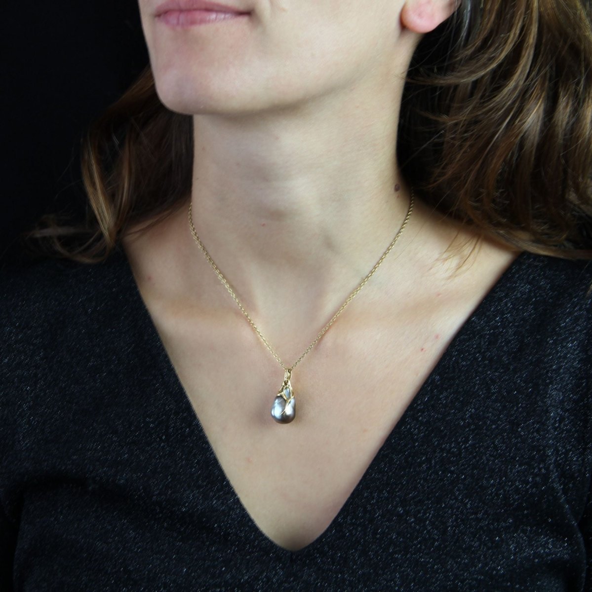 Pendentif perle grise baroque et or - Castafiore