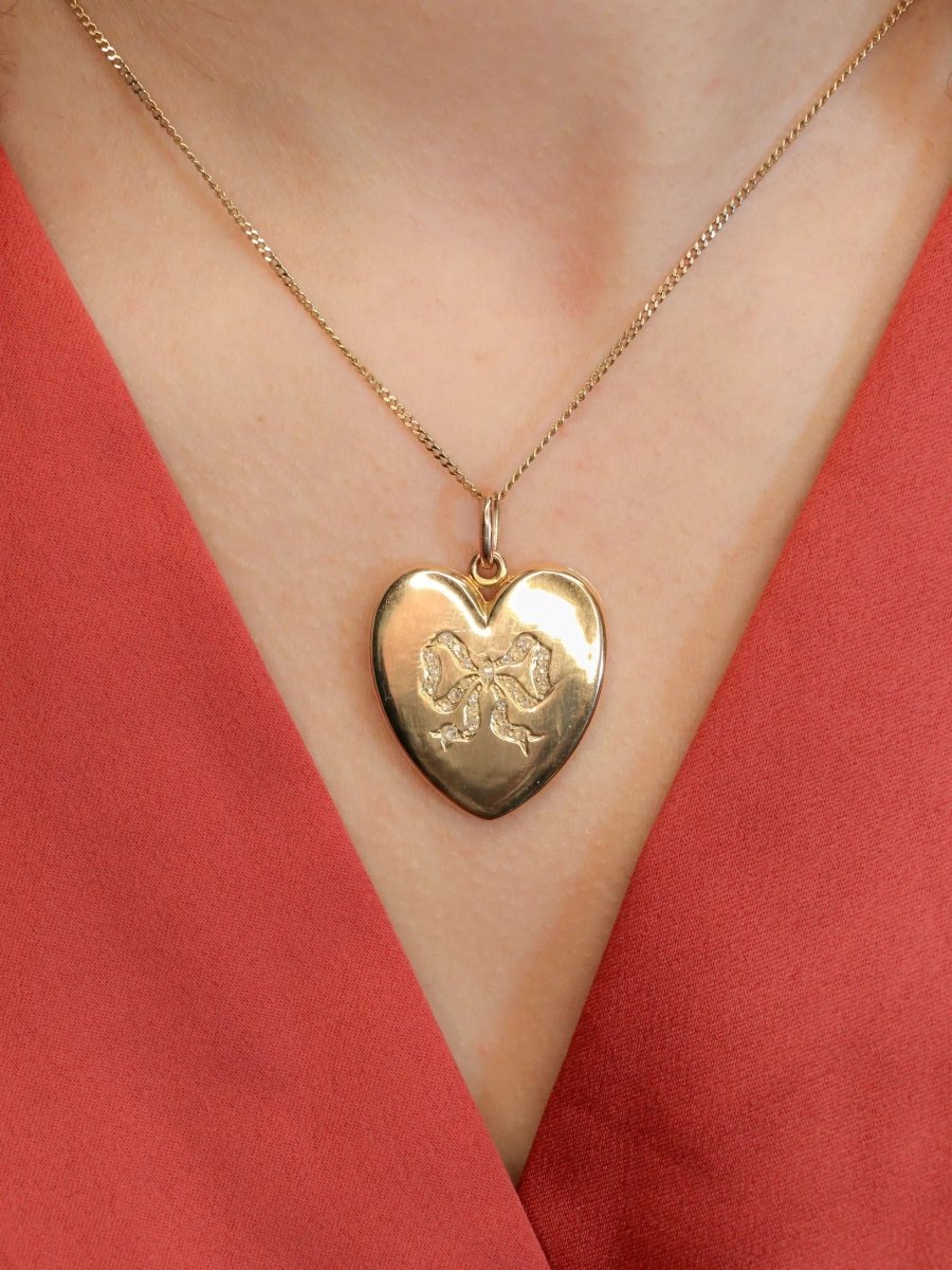 Pendentif porte photo coeur Art Nouveau or jaune diamants taille rose - Castafiore