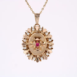 Pendentif rétro en or jaune perles de culture et rubis de synthèse - Castafiore