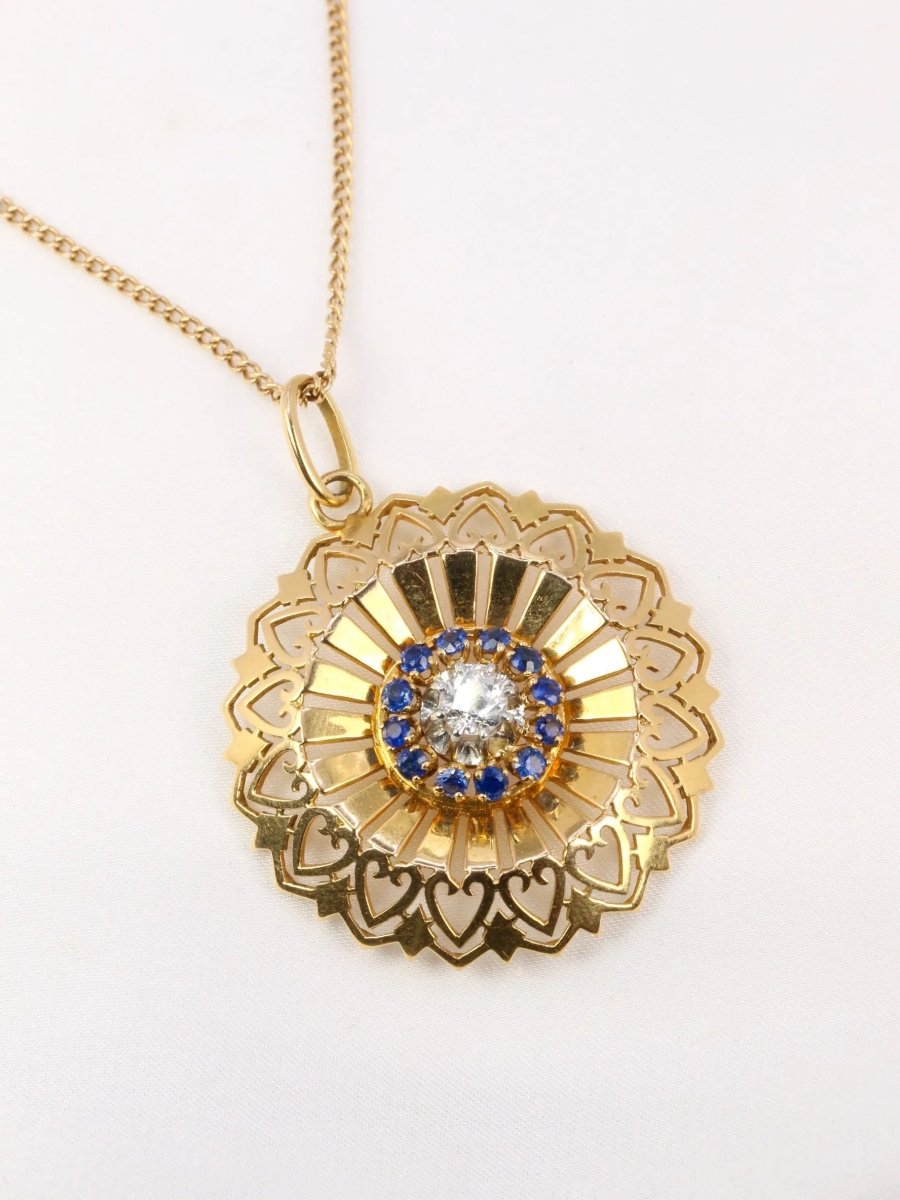 Pendentif rond vintage en or jaune, diamant et saphirs - Castafiore