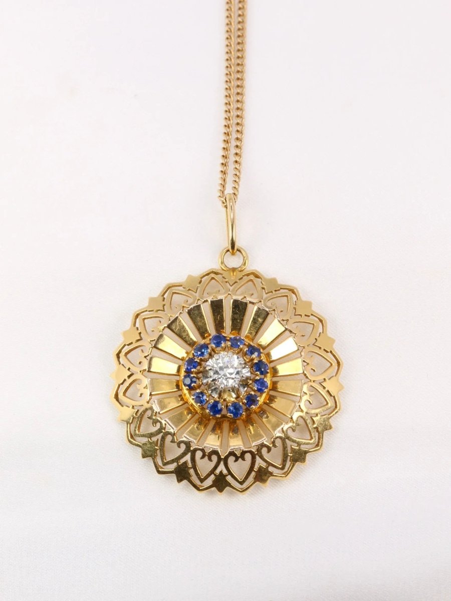 Pendentif rond vintage en or jaune, diamant et saphirs - Castafiore