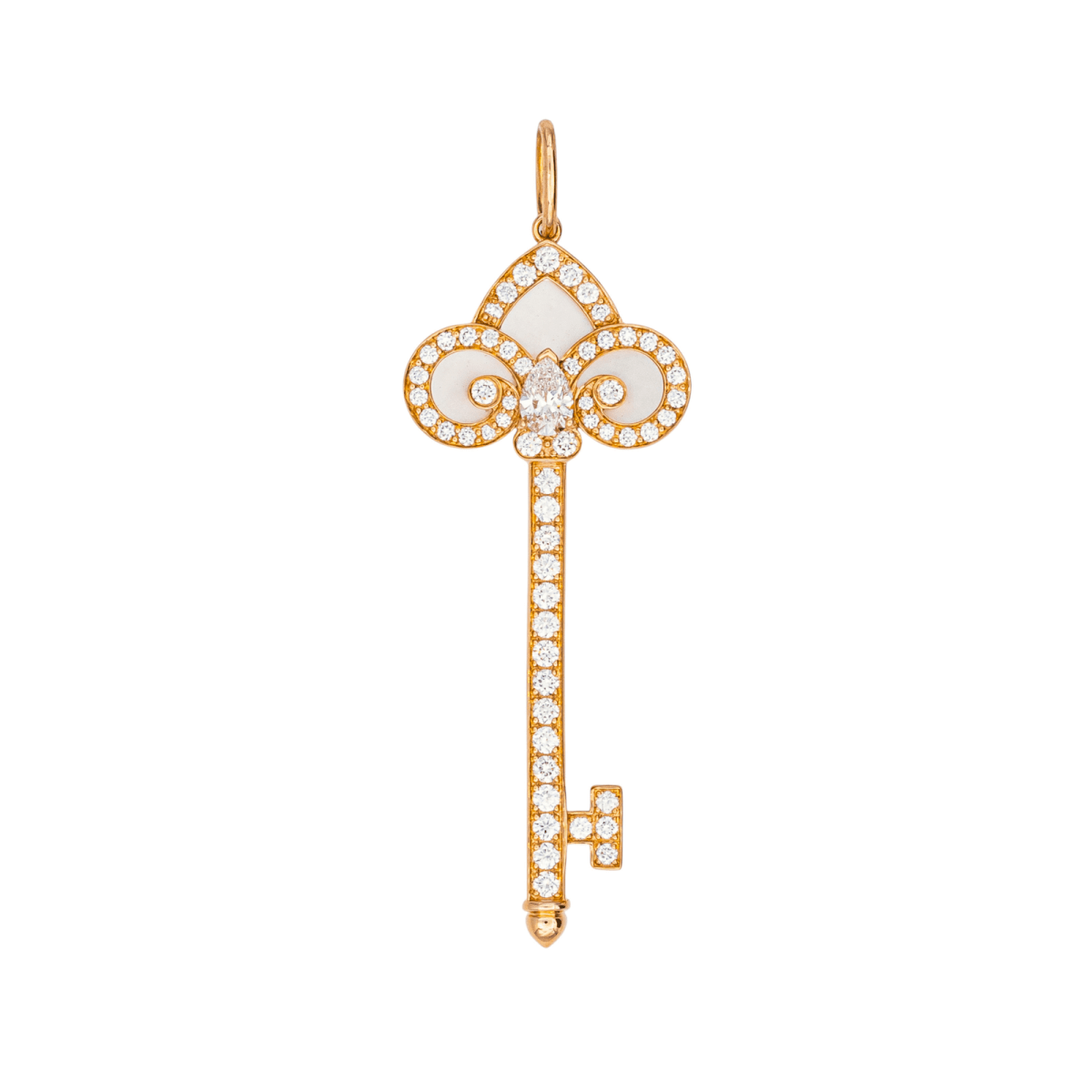 Pendentif TIFFANY & CO "Clé fleur de Lys" en or rose, nacre et diamants - Castafiore