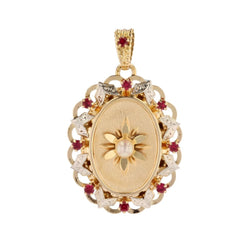 Pendentif vintage en or jaune et blanc perle de culture et rubis de synthèse - Castafiore