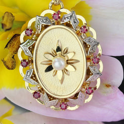 Pendentif vintage en or jaune et blanc perle de culture et rubis de synthèse - Castafiore