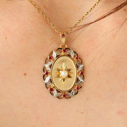 Pendentif vintage en or jaune et blanc perle de culture et rubis de synthèse - Castafiore