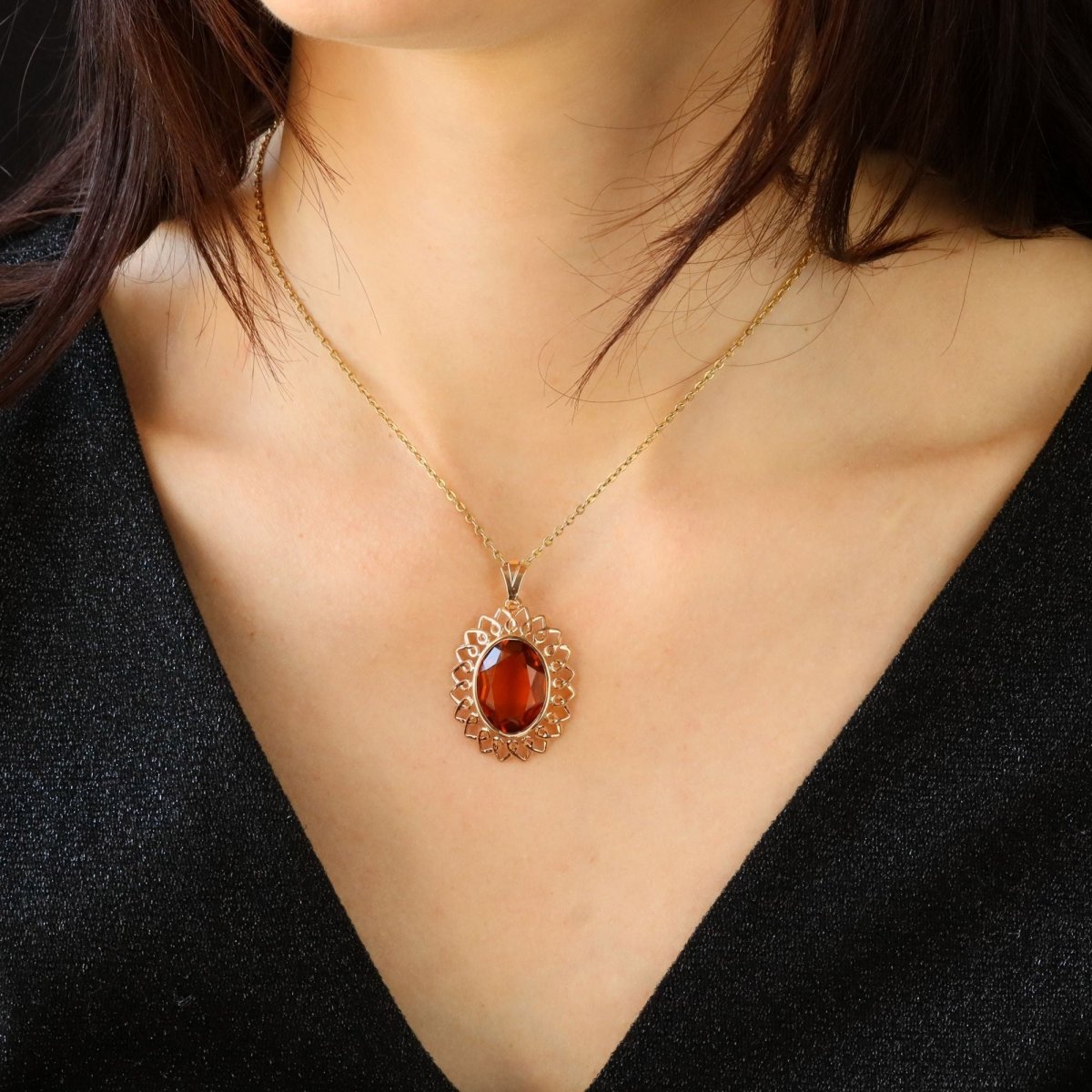 Pendentif vintage en or rose et verre orange - Castafiore