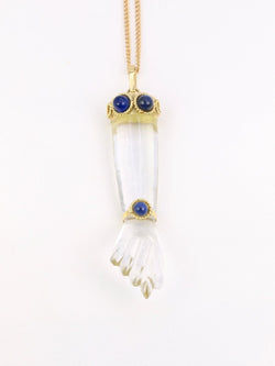 Pendentif vintage Main de Figa en or, cristal de roche et lapis - lazuli - Castafiore