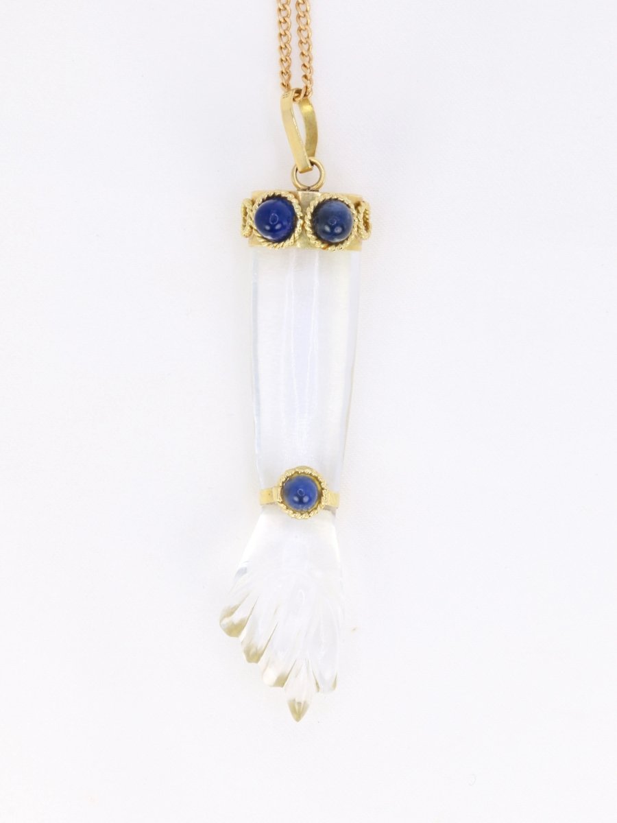 Pendentif vintage Main de Figa en or, cristal de roche et lapis - lazuli - Castafiore