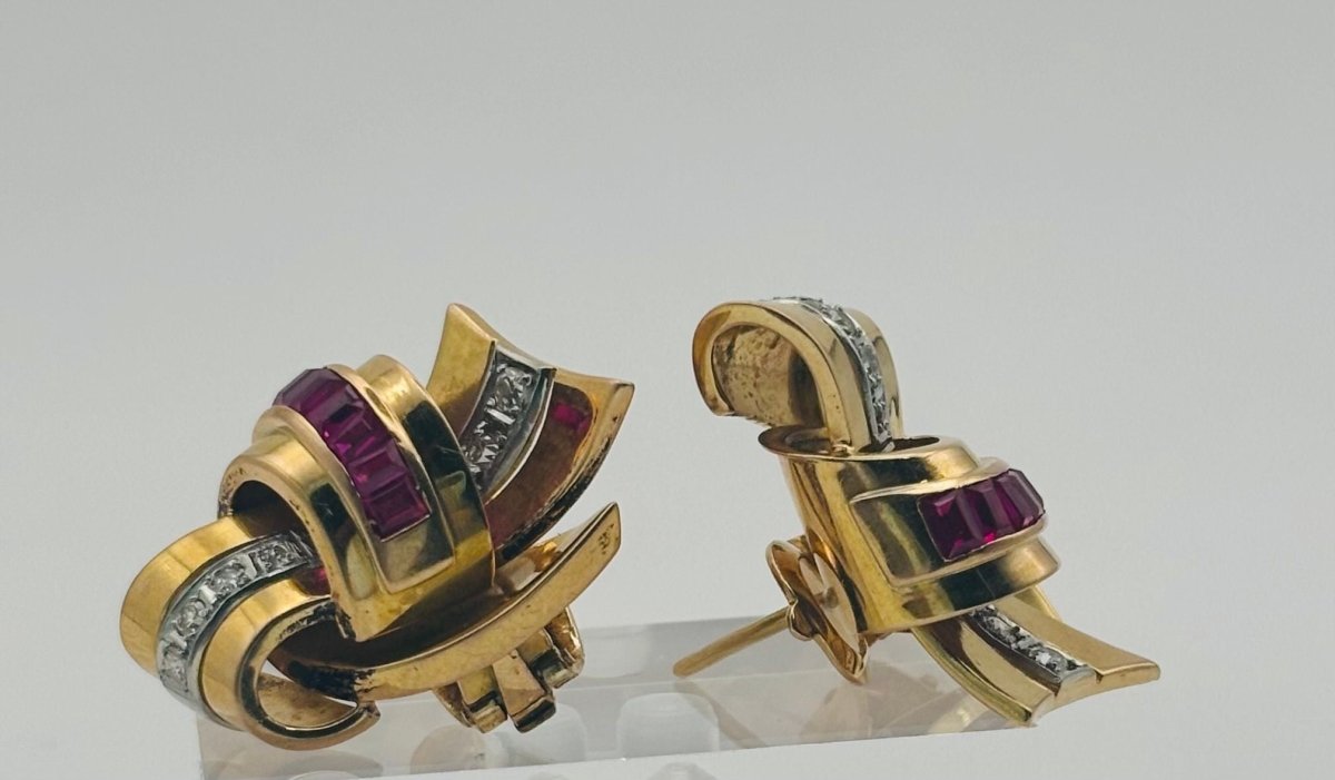 PENDIENTES DE ORO CON DIAMANTES Y RUBIES ESTILO CHAVALIER - Castafiore
