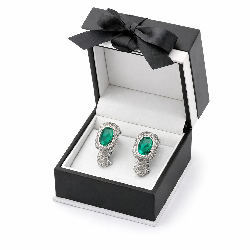 PENDIENTES EN ORO BLANCO CON ESMERALDAS OVALES Y DIAMANTES - Castafiore