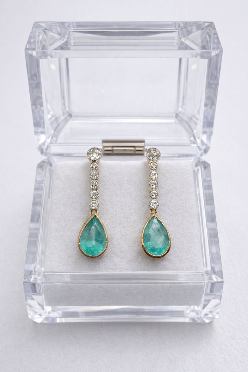 PENDIENTES EN ORO BLANCO Y AMARILLO CON ESMERALDAS EN TALLA PERA Y DIAMANTES - Castafiore