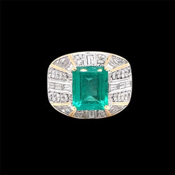 Retro Certified Colombian Emerald Diamond Cocktail Gold Ring - Castafiore