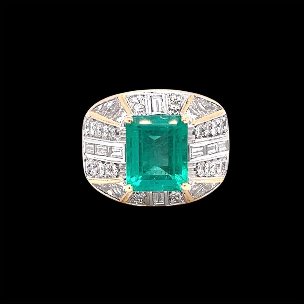 Retro Certified Colombian Emerald Diamond Cocktail Gold Ring - Castafiore