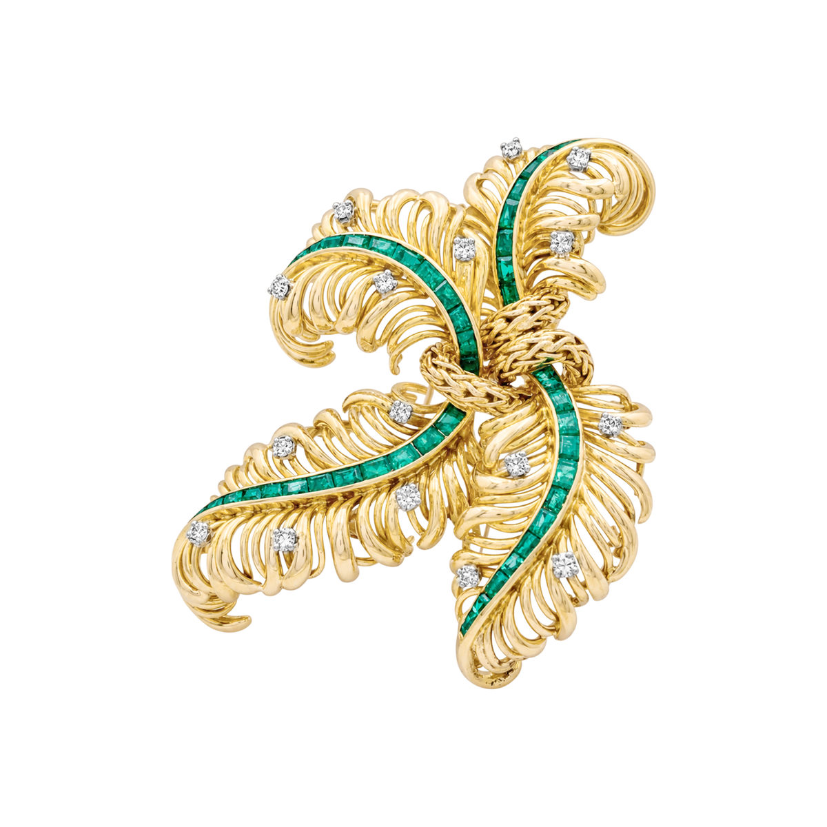 Broche Chaumet "Panache", or jaune, diamants, émeraudes.