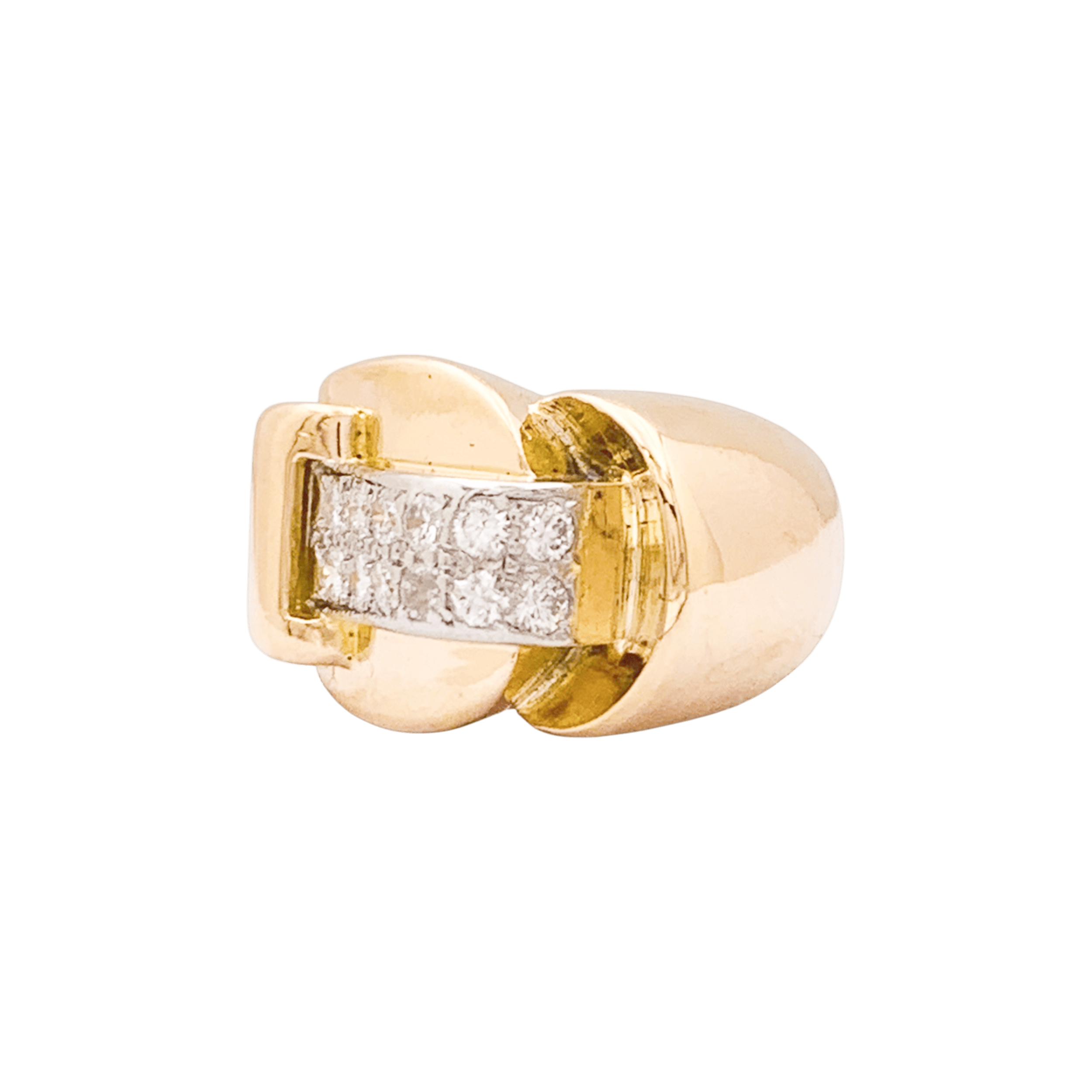 Bague Tank asymétrique en or rose, platine et diamants.